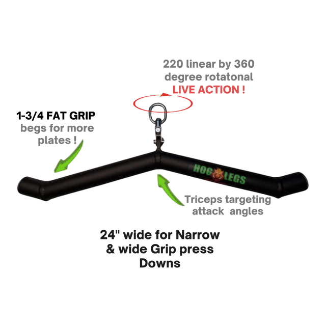 The HOG LEGS 'Feral Hog' Arm Workouts with Cables Bar set features a black fat cable bar with rotating attachment for triceps and grip press, built tough for intense workouts and backed by a Lifetime Warranty. Black background.