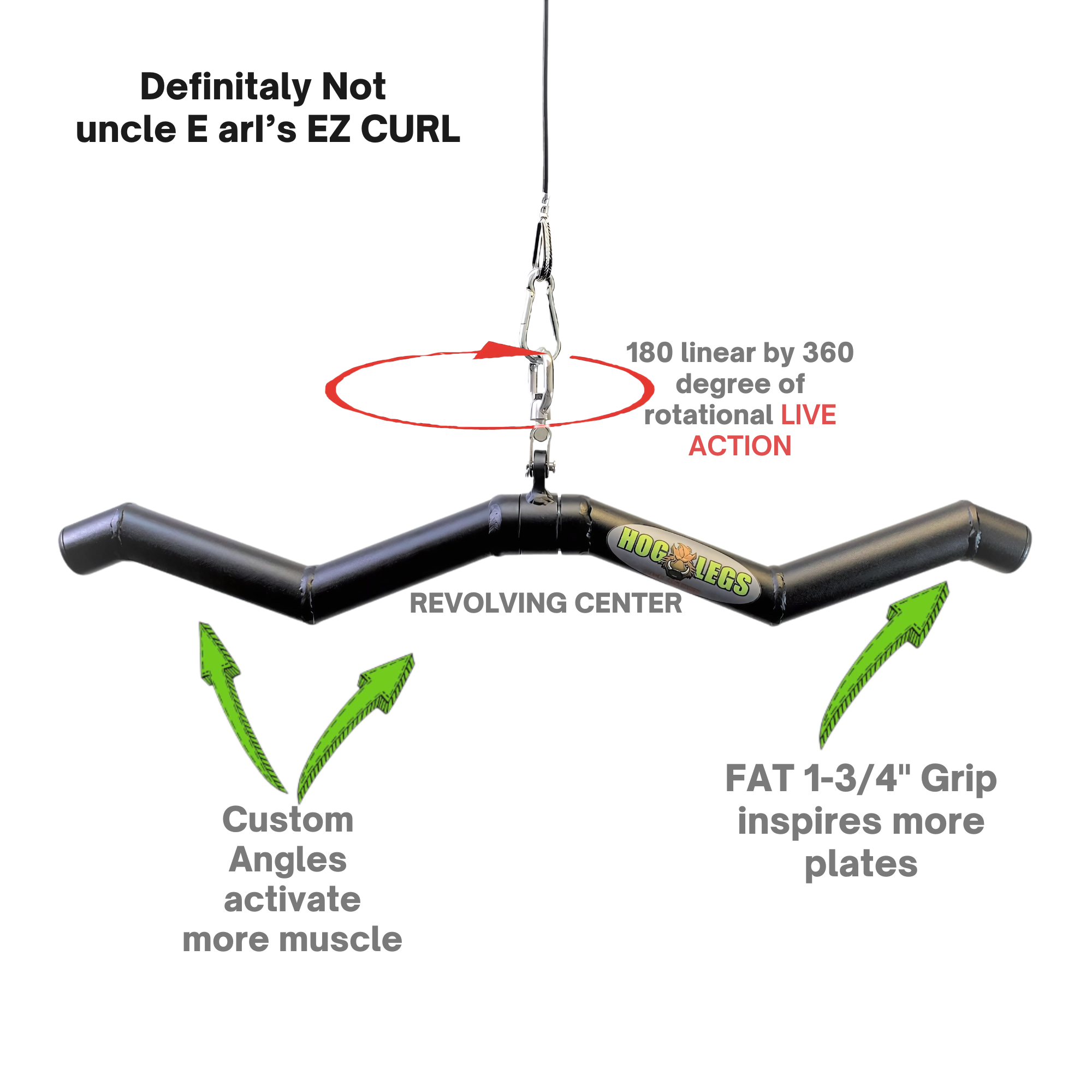 The HOG LEGS 'Feral Hog' Arm Workouts with Cables Bar set features angled grips, a thick handle, and a rotating center for effective biceps and forearms training during Fat Cable Bars workouts.