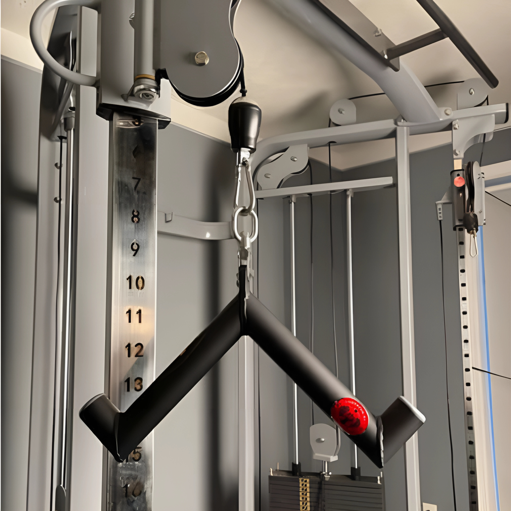 The HOG LEGS 'Feral Hog' Arm Workouts with Cables Bar set, a black V-shaped attachment for gym machines, targets forearms and biceps; pictured hanging with a numbered weight stack in the background.