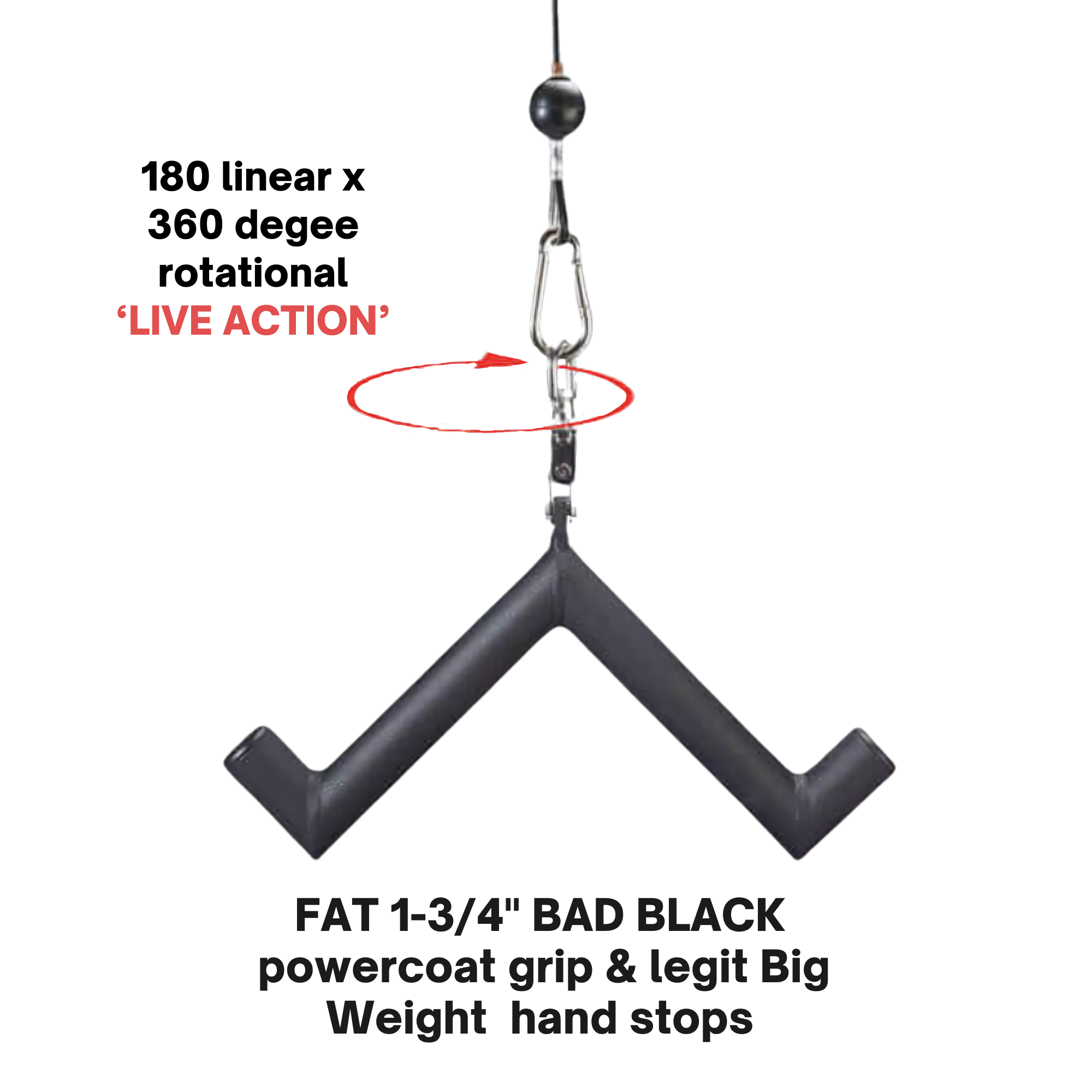 The HOG LEGS 'Feral Hog' Arm Workouts with Cables Bar set features a black V-shaped grip for fat cable bars with hand stops, perfect for biceps and forearms. It hangs from a clip and displays "LIVE ACTION" in bold red text above.