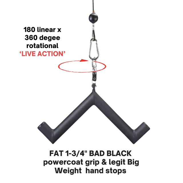 The HOG LEGS 'Feral Hog' Arm Workouts with Cables Bar set features a black V-shaped grip for fat cable bars with hand stops, perfect for biceps and forearms. It hangs from a clip and displays "LIVE ACTION" in bold red text above.