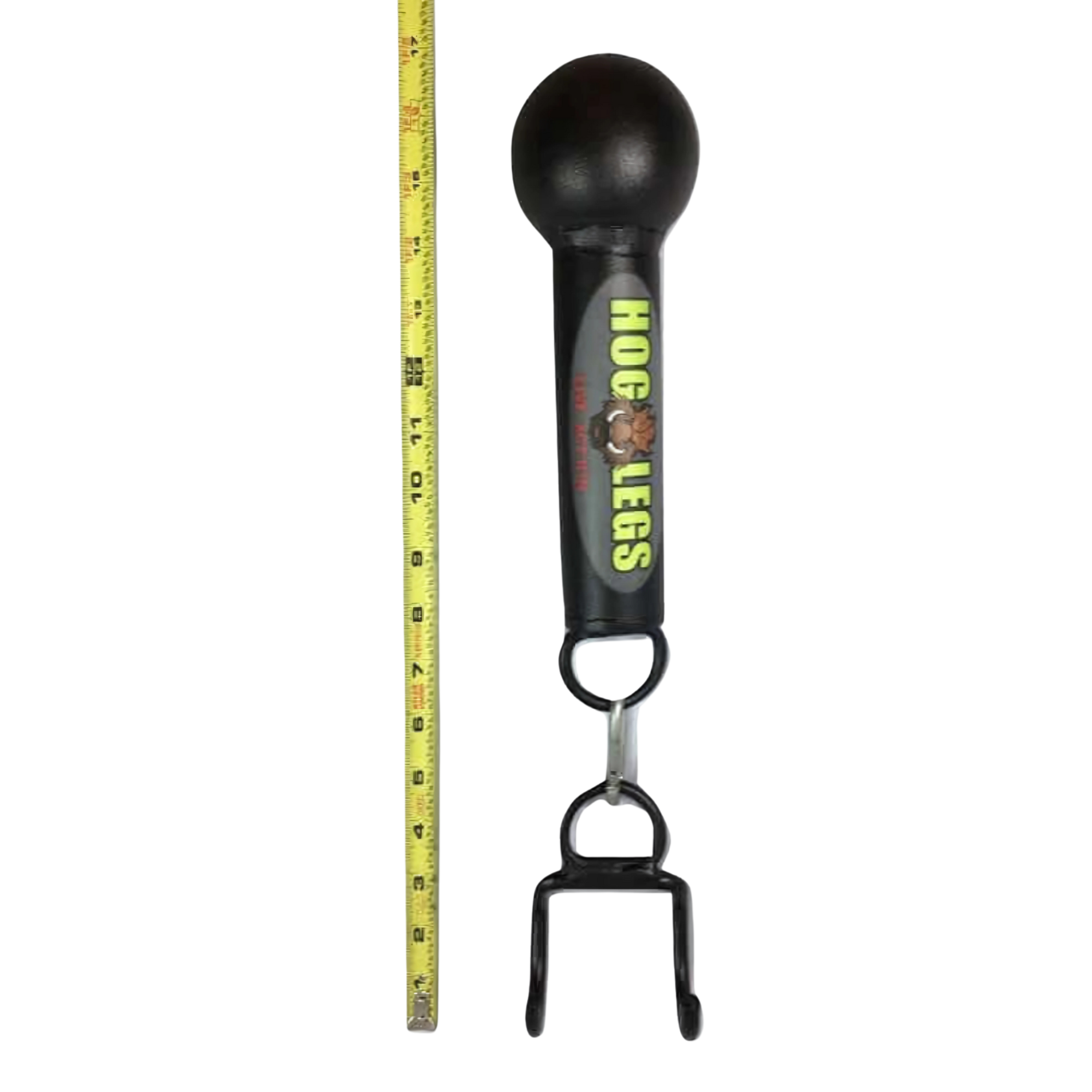 The HOG LEGS 'Fist Full' Pullup Handles & Tricep Attachment, shown in black with a ball grip next to a 12-inch yellow measuring tape, is ideal for fitness enthusiasts who value strong grip handles in their workout gear.