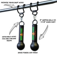 The HOG LEGS 'Fist Full' Pullup Handles & Tricep Attachment are black, feature hooks and ball grips, and hang on a bar to enhance pull-ups. Text highlights their features.