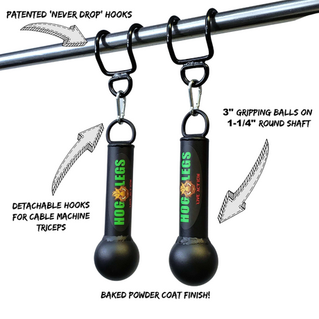 The HOG LEGS 'Fist Full' Pullup Handles & Tricep Attachment are black, feature hooks and ball grips, and hang on a bar to enhance pull-ups. Text highlights their features.