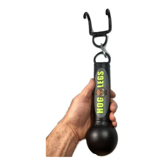 A hand holds a black "HOG LEGS 'Fist Full' Pullup Handles & Tricep Attachment," designed with a hook and ball end to boost grip strength for pull-ups.