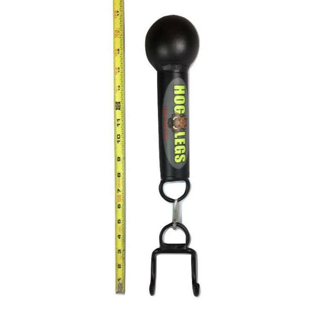 The HOG LEGS 'Fist Full' Pullup Handles & Tricep Attachment, a black handheld tool with hooks to boost grip strength, is adjacent to a yellow measuring tape on a white backdrop.