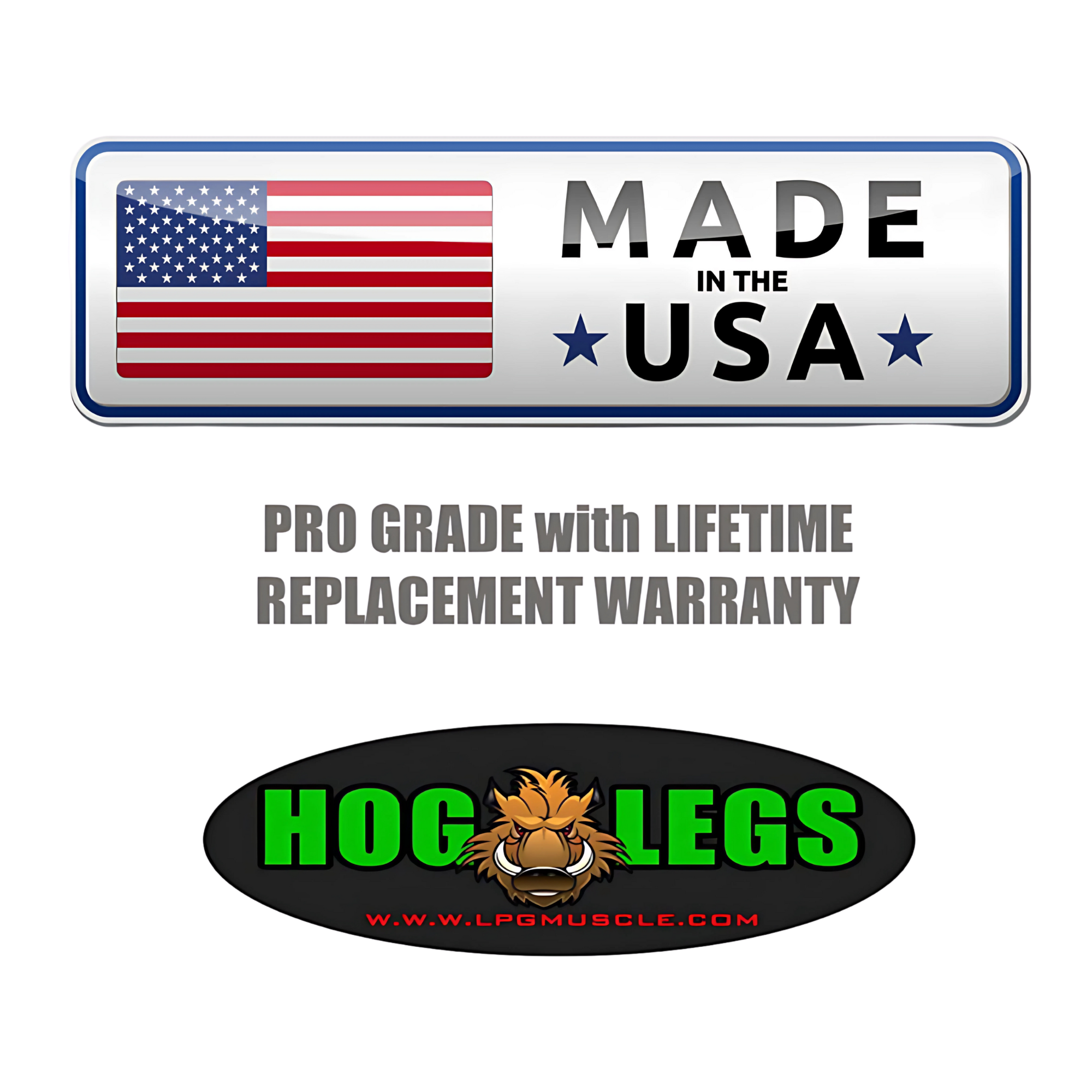 Showcasing a "Made in the USA" badge, warranty info, and a "Hog Legs" boar logo, HOG LEGS 'Fist Full' Pullup Handles & Tricep Attachment are built for extreme pull ups and enhanced grip strength.