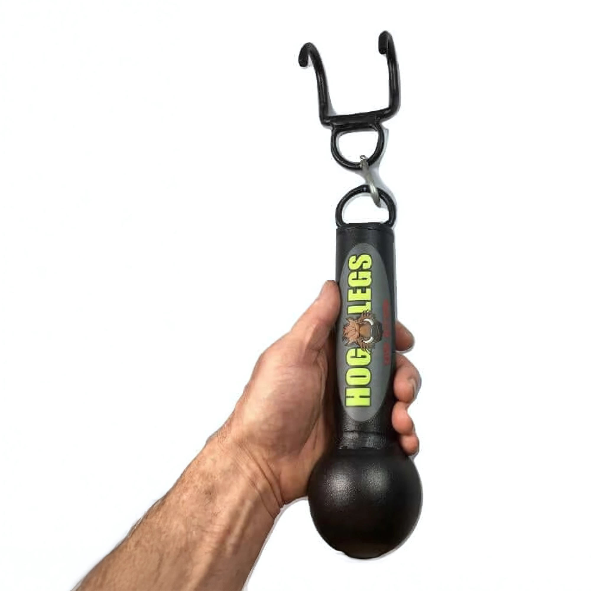 A hand holding HOG LEGS 'Fist Full' Pullup Handles & Tricep Attachment, featuring a labeled black handle with clip and hook at the top and a non-slip surface for enhanced grip during intense pullups.