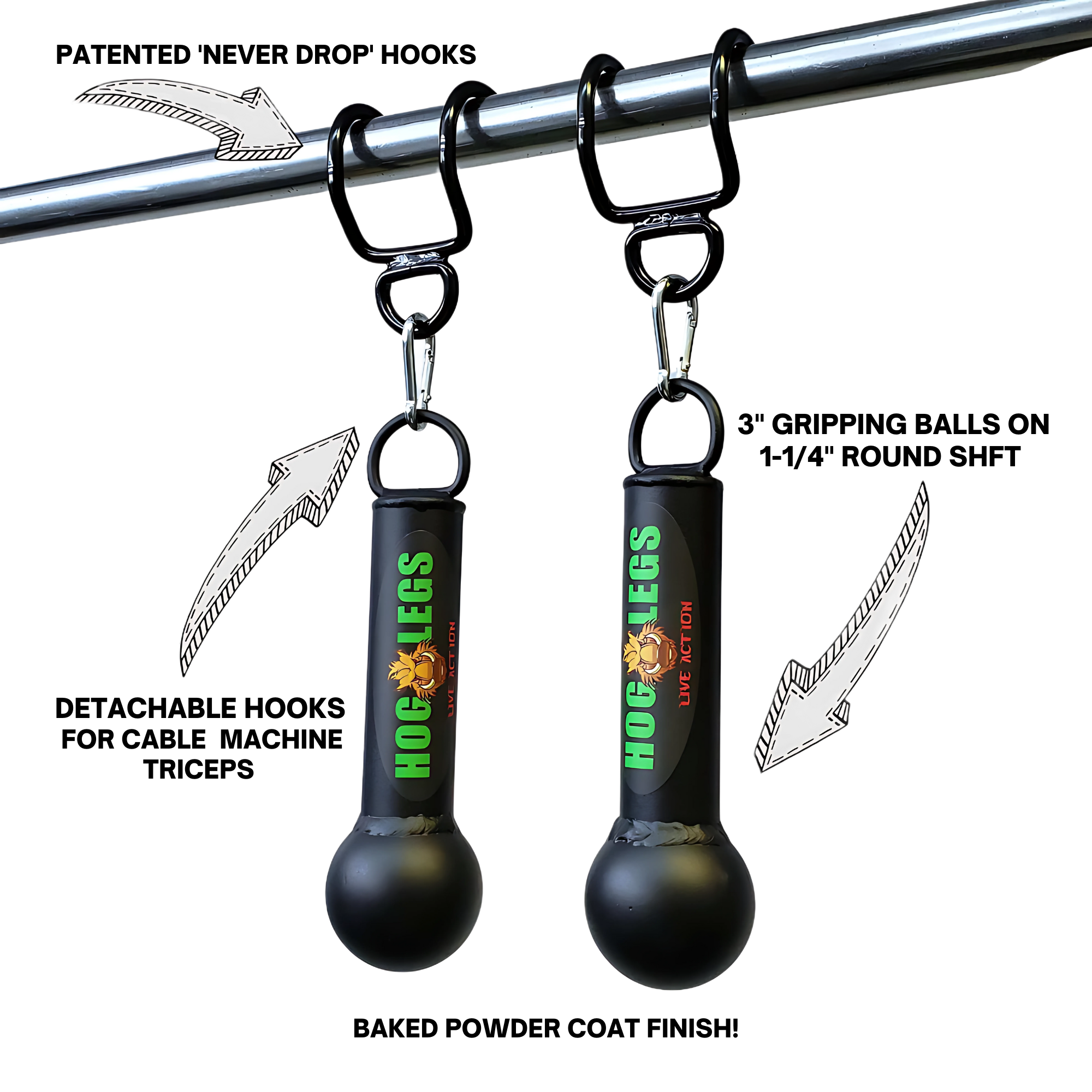 Two HOG LEGS 'Fist Full' Pullup Handles & Tricep Attachment hang from a metal bar with patented hooks and carabiners, boosting grip strength with bold white arrow accents.