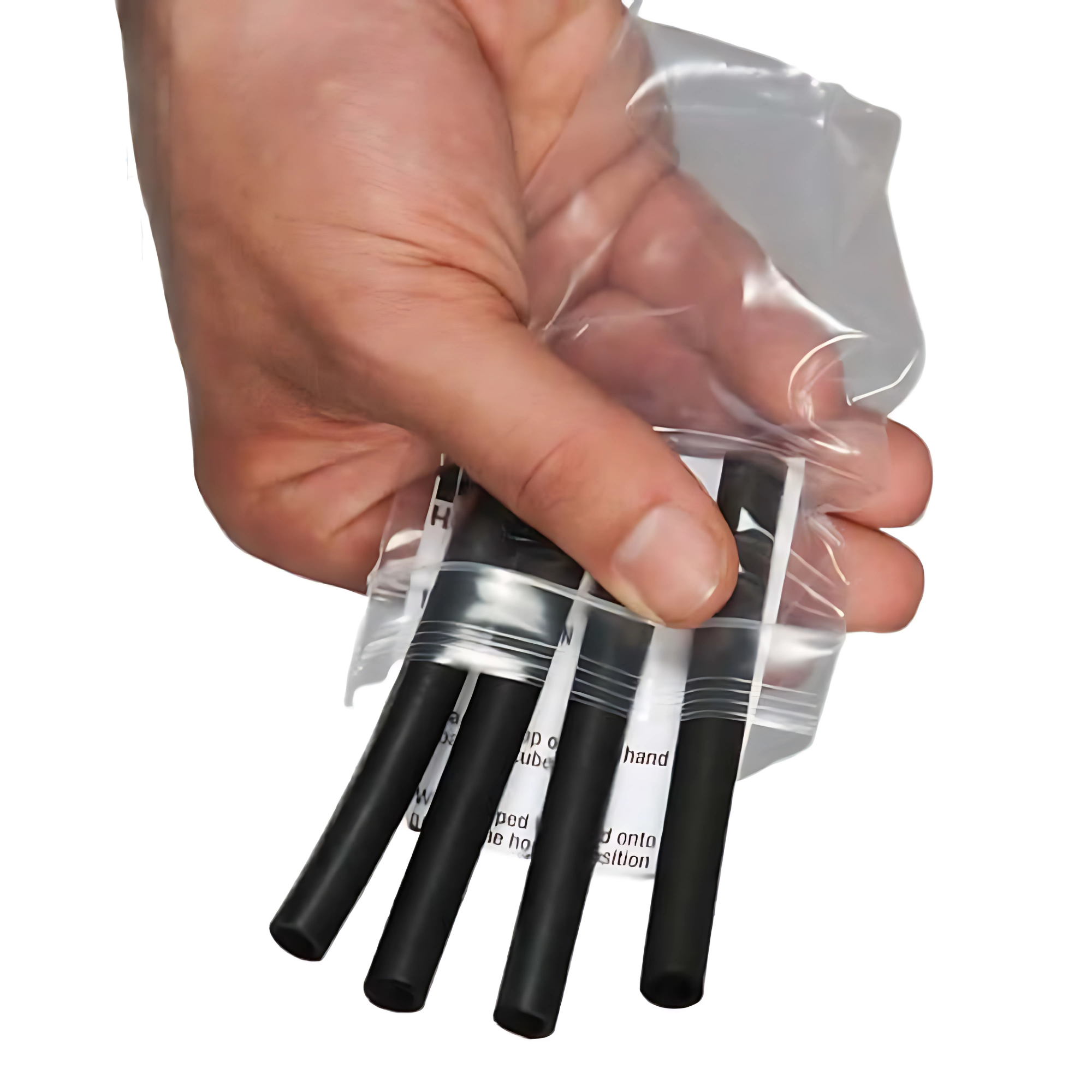 A strong hand grips a clear bag containing four HOG LEGS 'Fist Full' Pullup Handles & Tricep Attachments, each shaped as a black cylinder.