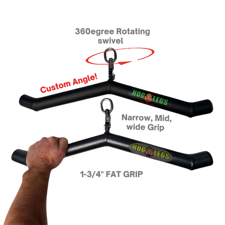The HOG LEGS 'Ham Bone' FAT Cable Tricep Bar Extreme features wide grips, custom angles, and a fat handle for maximum muscle stimulation during triceps workouts.