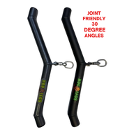 The HOG LEGS 'Ham Bone' FAT Cable Tricep Bar Extreme features two black metal handles with fat grips and 30-degree joint-friendly angles—perfect for muscle stimulation during your workouts.
