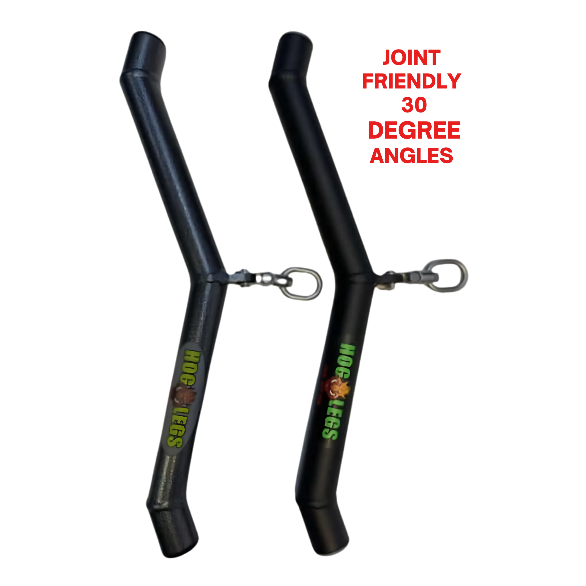 The HOG LEGS 'Ham Bone' FAT Cable Tricep Bar Extreme features two black metal handles with fat grips and 30-degree joint-friendly angles—perfect for muscle stimulation during your workouts.