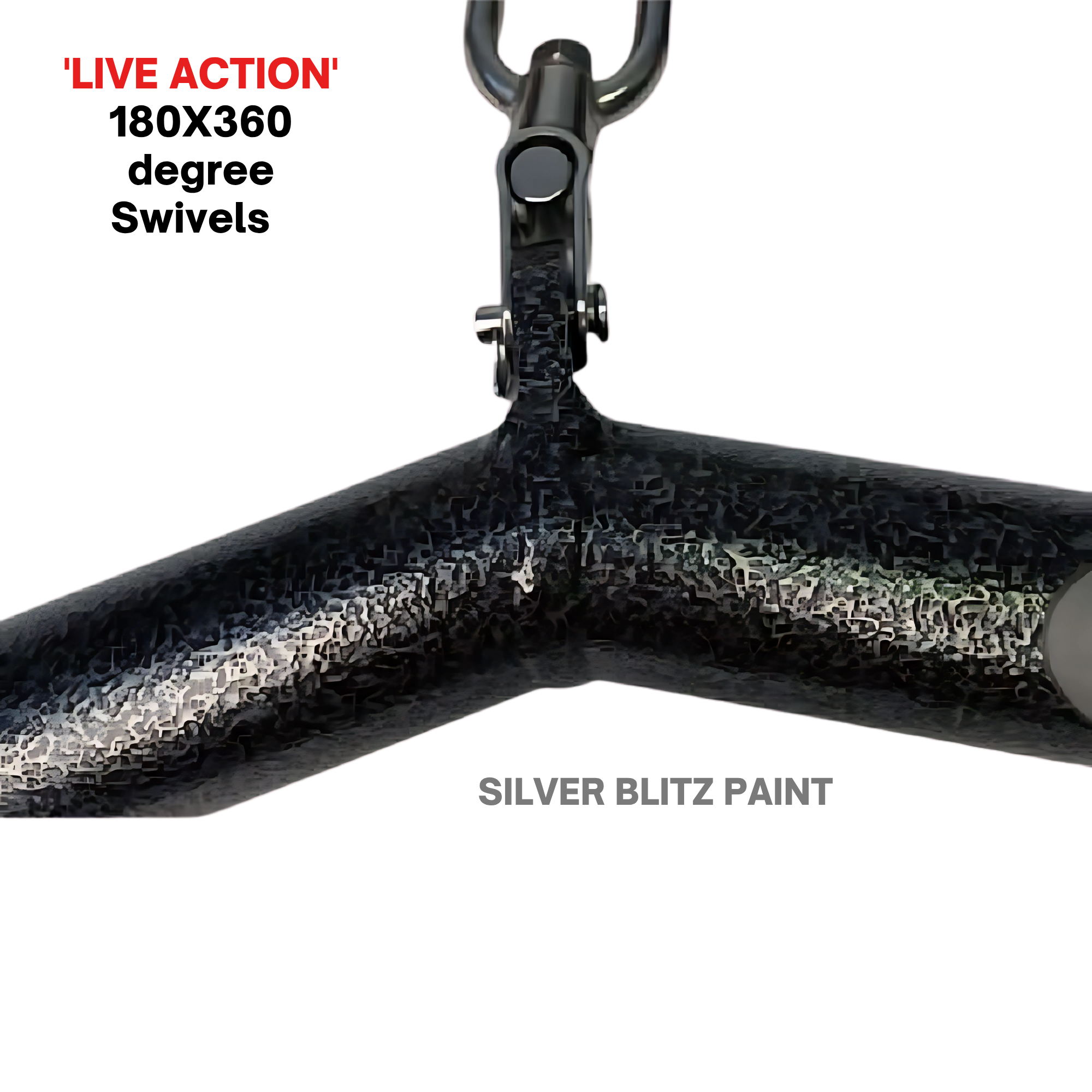 Close-up of a black metal frame joint with a hook, labeled “HOG LEGS 'Ham Bone' FAT Cable Tricep Bar Extreme!”, designed to boost muscle stimulation for workouts.