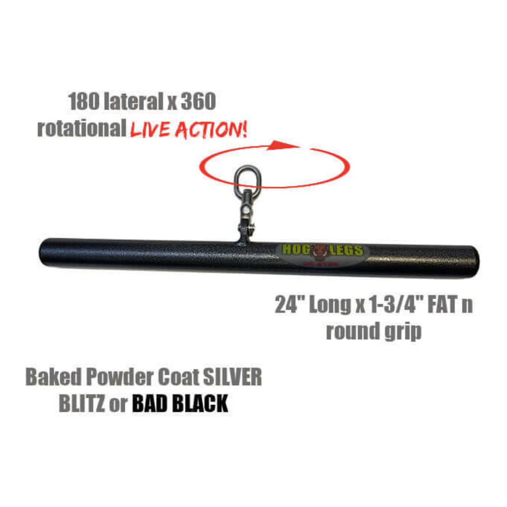 The HOG LEGS 'Ham Hock' FAT Cable Curl Bar Extreme! is a black bar with rotation and grip details, perfect for tricep push downs. It includes FAT Grip options and features varied dimensions and coating variations.