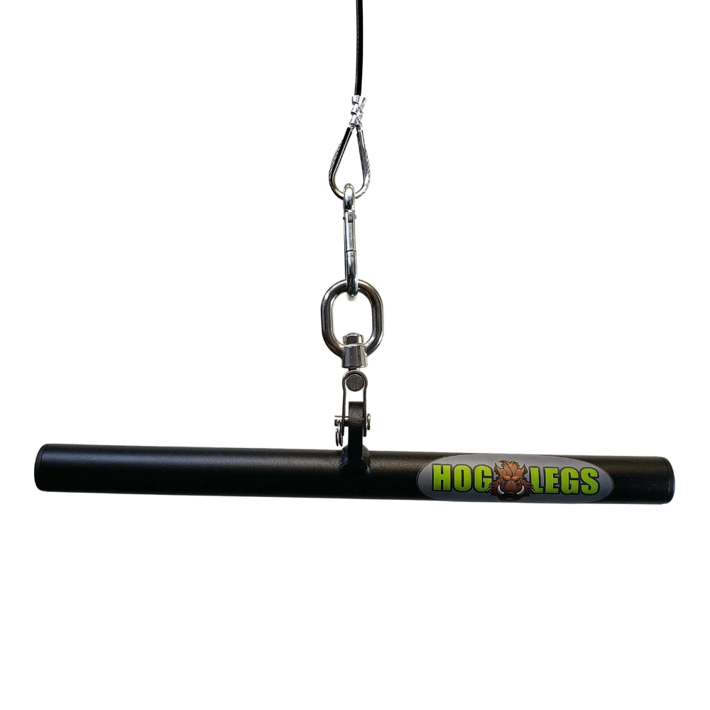The HOG LEGS 'Ham Hock' FAT Cable Curl Bar Extreme! with a black finish and logo offers a FAT Grip for enhanced cable curl workouts. It includes a carabiner and swivel hook for easy suspension, ideal for tricep push-downs too.