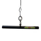 The HOG LEGS 'Ham Hock' FAT Cable Curl Bar Extreme! with a black finish and logo offers a FAT Grip for enhanced cable curl workouts. It includes a carabiner and swivel hook for easy suspension, ideal for tricep push-downs too.