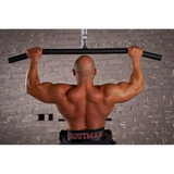 A person showcases their muscular back doing a pull-up using HOG LEGS 'Hog Wild' Workout Cable Attachments gone Fat! on a bar against a gray brick wall.