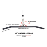 The 48" angled lat bar offers 360-degree rotation and 180-degree lateral freedom, ideal for muscle stimulation. It includes labeled features and is compatible with HOG LEGS 'Hog Wild' Workout Cable Attachments for heavy-weight training.