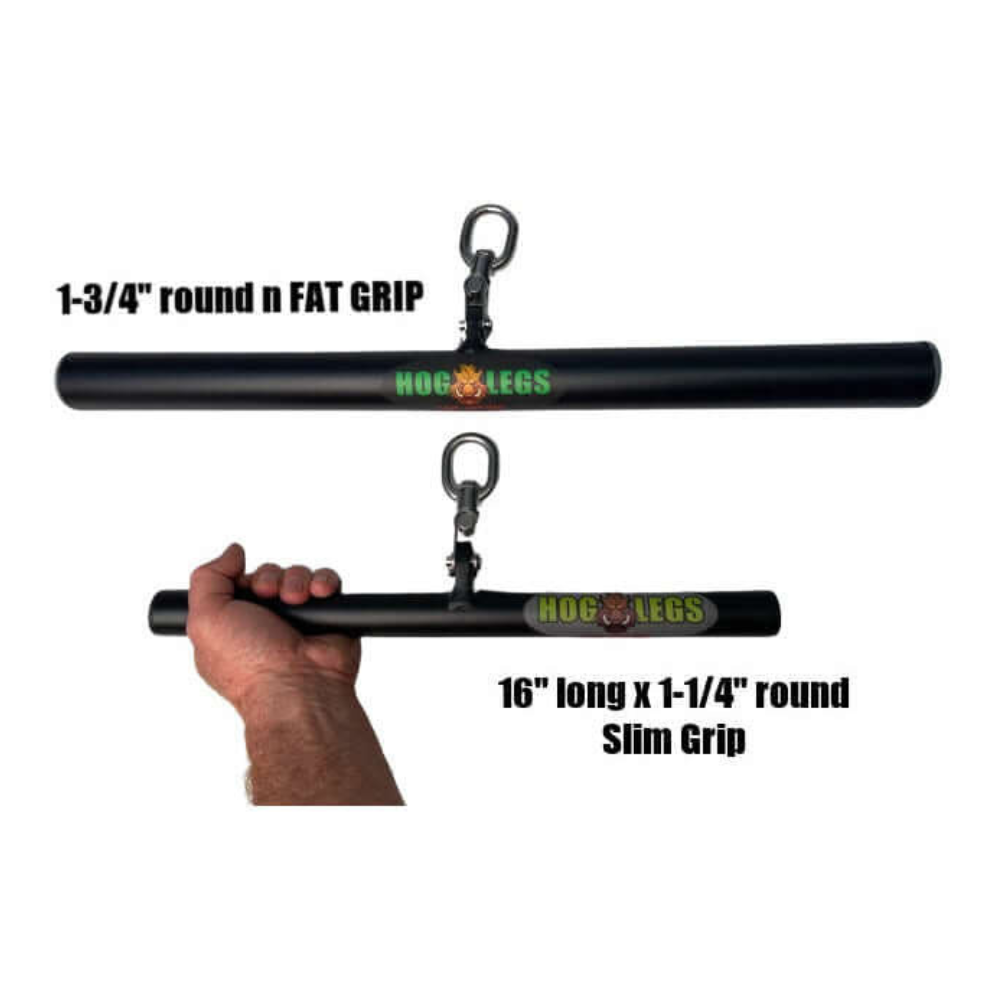 Two HOG LEGS 'Ham Hock' FAT Cable Curl Bars are shown in hand to highlight the size difference, perfect for enhancing workouts like Tricep Push Down and Cable Curl.