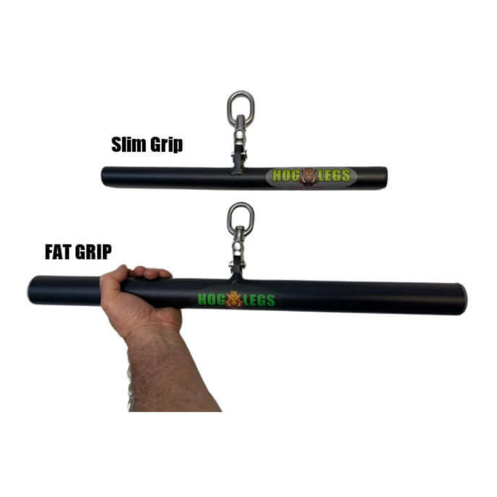 A hand grips the black "HOG LEGS 'Ham Hock' FAT Cable Curl Bar Extreme," ideal for tricep push downs. It features a sturdy metal attachment for enhanced stability.