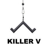 A black V-shaped hanging object labeled "Killer V" on a white background, designed for muscle stimulation and compatible with HOG LEGS 'Hog Wild' Workout Cable Attachments gone Fat!.