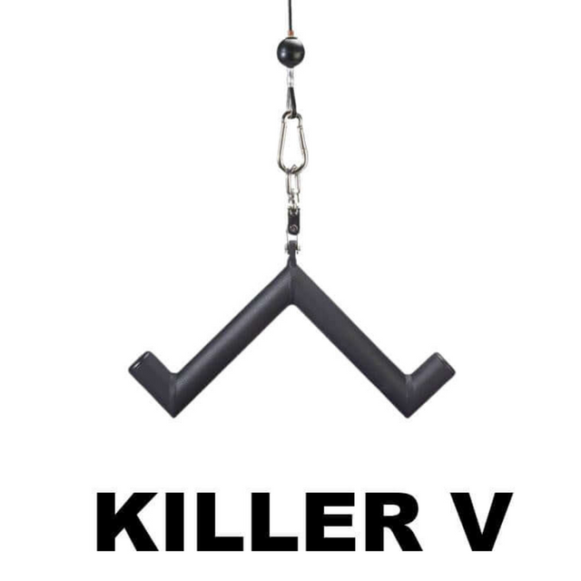 A black V-shaped hanging object labeled "Killer V" on a white background, designed for muscle stimulation and compatible with HOG LEGS 'Hog Wild' Workout Cable Attachments gone Fat!.