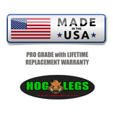 The USA flag badge indicates "Made in the USA." Below, it mentions pro grade quality and a lifetime warranty. Ideal for avid lifters, the Hog Legs logo represents top-notch quality for tricep pushdowns and other exercises with the HOG LEGS 'Ham Hock' FAT Cable Curl Bar Extreme!.