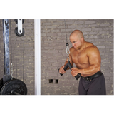 A man is using Hog Legs 'Hog Wild' Workout Cable Attachments gone Fat! at the gym to enhance muscle stimulation during his tricep exercises.