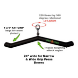 The HOG LEGS 'Hog Wild' Workout Cable Attachments gone Fat! offers 1-3/4" grips ideal for tricep press downs and rotational action, ensuring optimal muscle stimulation.