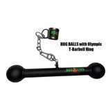 The HOG LEGS Hog Balls Upper Body Exercise Equipment Bar, featuring a black barbell handle with chain and an Olympic T-Barbell Ring, is ideal for upper body workouts. This commercial-grade gear guarantees optimal muscle recruitment for your strength training needs.