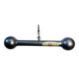 Gray metal upper body exercise bar with rounded ends and central clip attachment, called "HOG LEGS Hog Balls," designed for enhanced muscle recruitment.