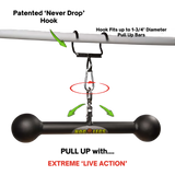 The HOG LEGS Hog Balls Upper Body Exercise Equipment Bar is a black bar with round ends, hanging from a chain and clip on a white bar—ideal for upper body workouts. Text reads "EXTREME 'LIVE ACTION'".