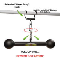 The HOG LEGS Hog Balls Upper Body Exercise Equipment Bar is a black bar with round ends, hanging from a chain and clip on a white bar—ideal for upper body workouts. Text reads "EXTREME 'LIVE ACTION'".