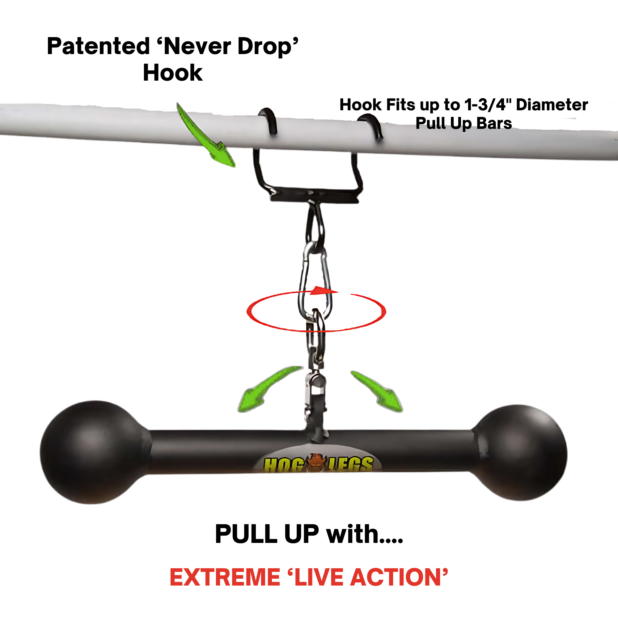 The HOG LEGS Hog Balls Upper Body Exercise Equipment Bar is a black bar with round ends, hanging from a chain and clip on a white bar—ideal for upper body workouts. Text reads "EXTREME 'LIVE ACTION'".