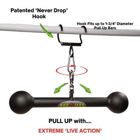The HOG LEGS Hog Balls Upper Body Exercise Equipment Bar is a black bar with round ends, hanging from a chain and clip on a white bar—ideal for upper body workouts. Text reads "EXTREME 'LIVE ACTION'".