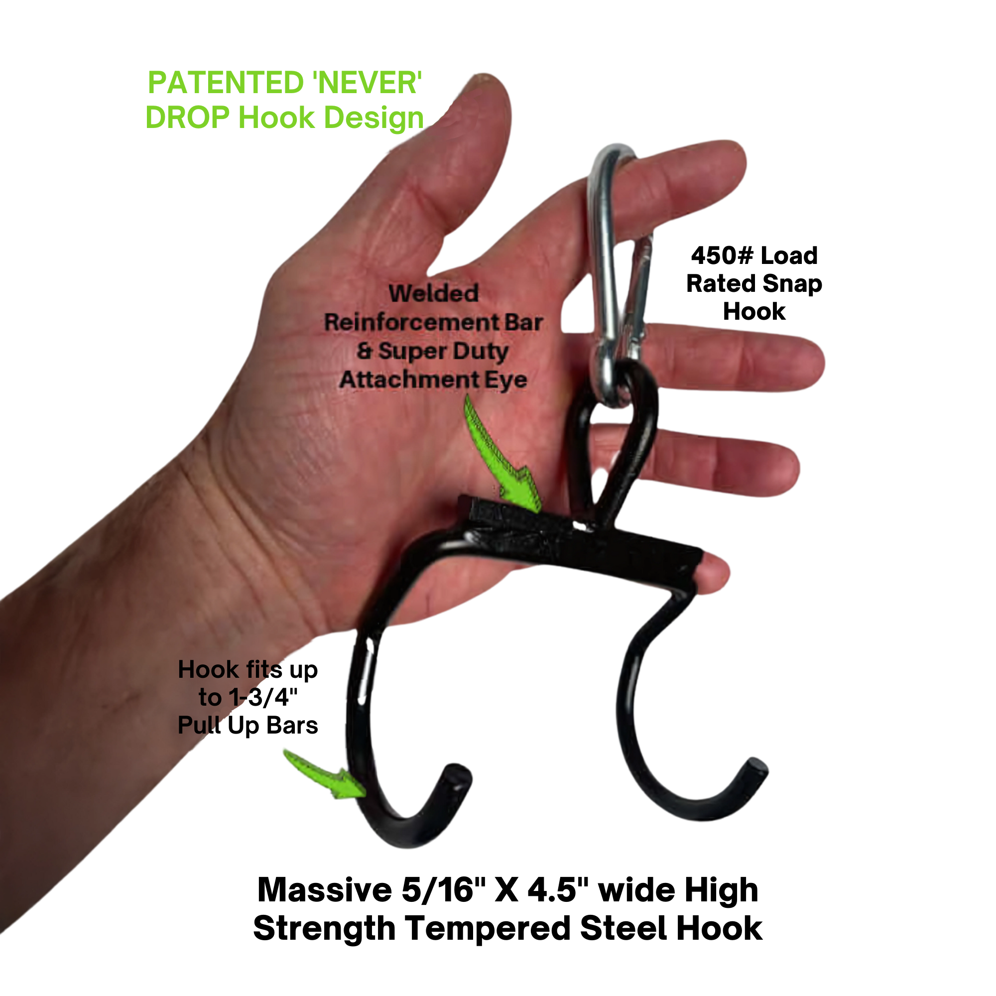 Hand holding HOG LEGS Hog Balls Upper Body Exercise Equipment Bar, showing labeled parts and green arrows highlighting its black commercial-grade metal hooks—ideal for upper body workouts and advanced muscle recruitment.