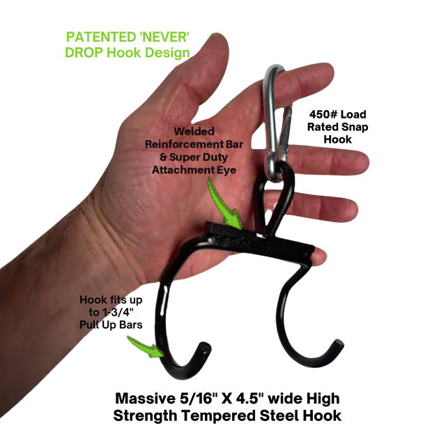 Hand holding HOG LEGS Hog Balls Upper Body Exercise Equipment Bar, showing labeled parts and green arrows highlighting its black commercial-grade metal hooks—ideal for upper body workouts and advanced muscle recruitment.