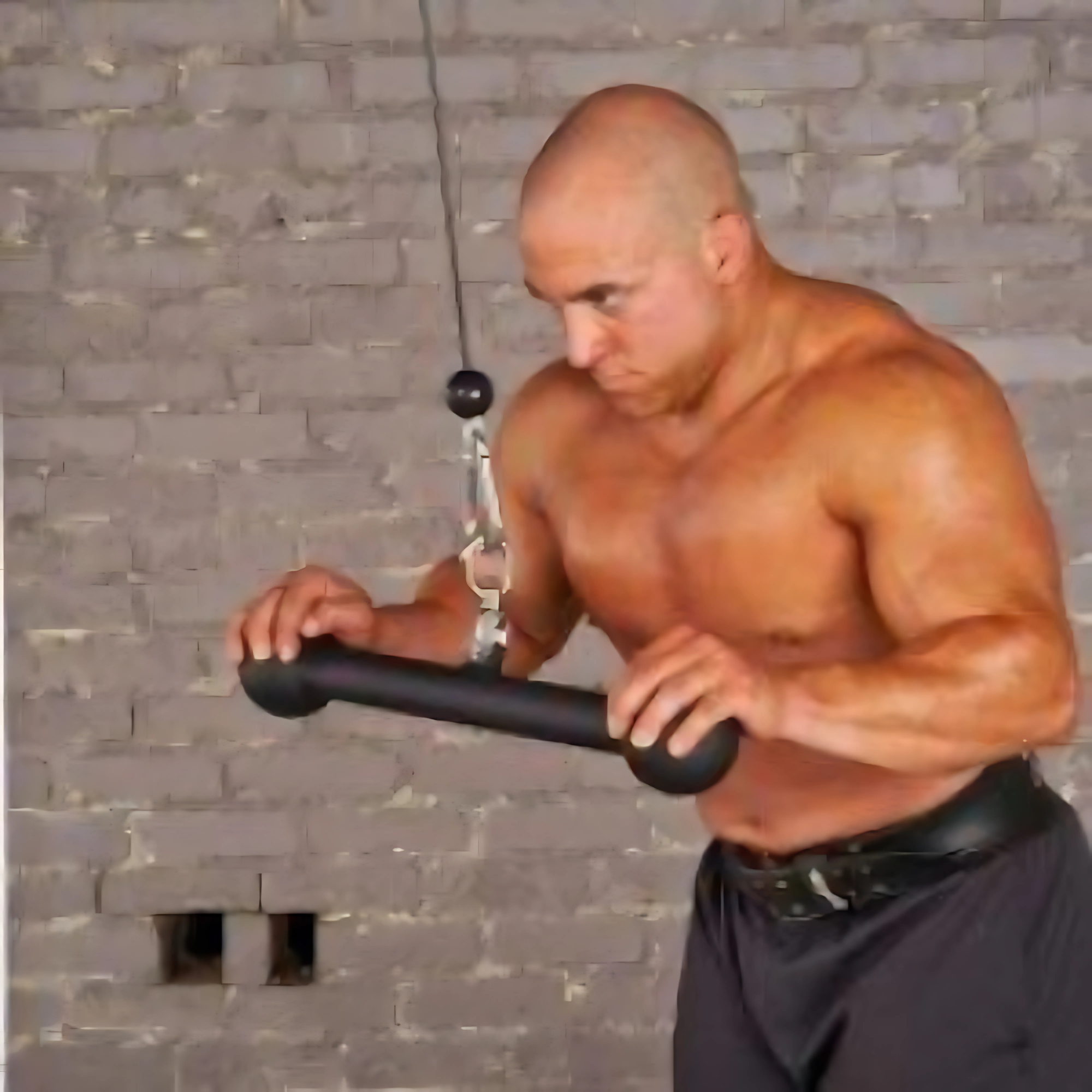 A muscular man uses the HOG LEGS Hog Balls Upper Body Exercise Equipment Bar for a cable tricep pushdown against a gray brick wall, showcasing targeted muscle recruitment for an effective upper body workout.