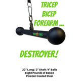 The commercial-grade black HOG LEGS Hog Balls Bar features vibrant green text, promotes muscle recruitment during arm workouts, and maximizes upper body strength training with balls at each end.