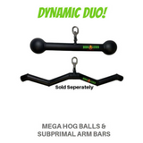 Two exercise attachments designed for optimal upper body muscle recruitment: a commercial-grade straight bar and a bent bar, both under the "HOG LEGS" brand from the Hog Balls Upper Body Exercise Equipment line.
