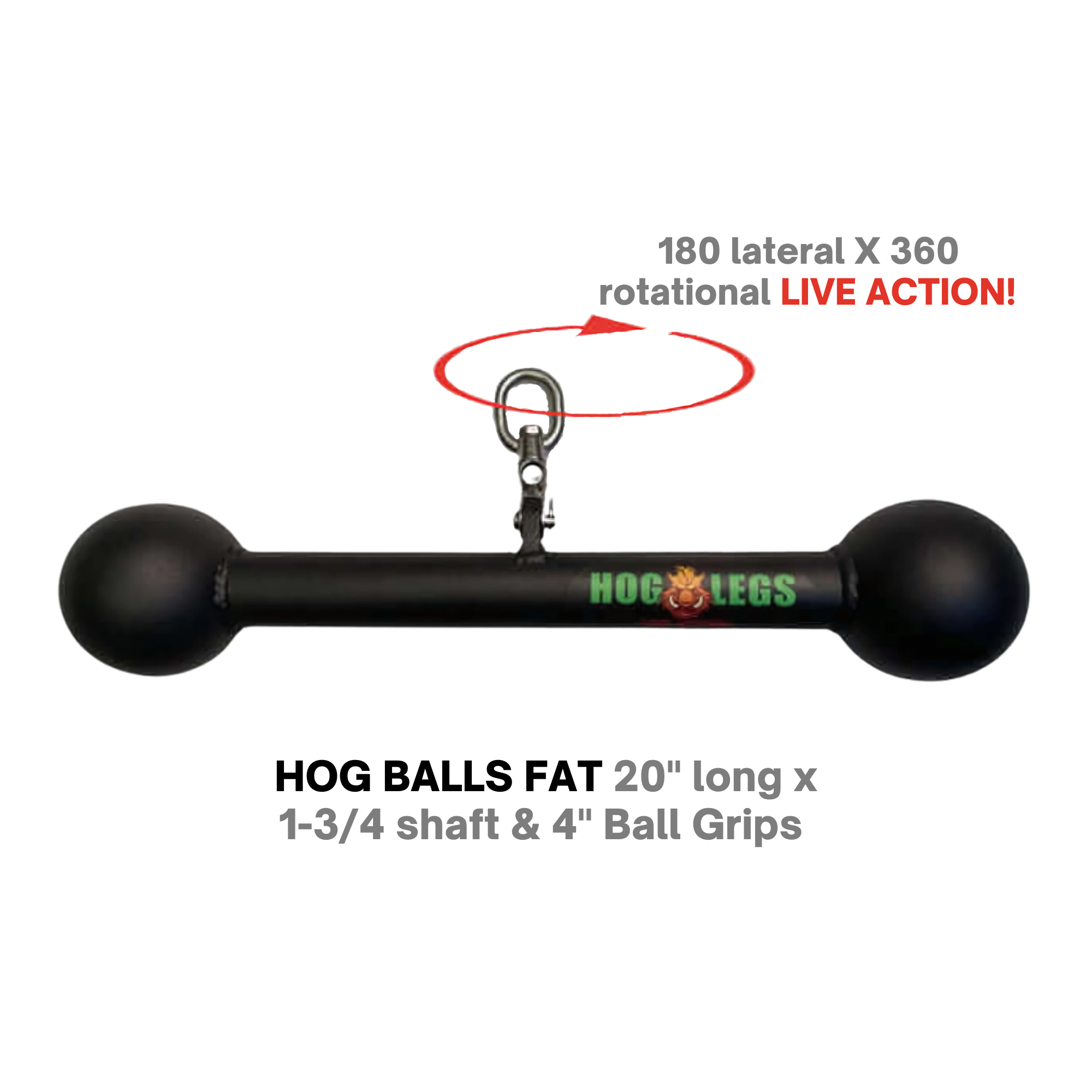 The HOG LEGS Hog Balls Upper Body Exercise Equipment Bar features a black barbell-shaped handle with ball grips, swivel clip, and labeled features; ideal for upper body workouts. Its commercial grade design ensures durability in any gym.