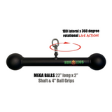 The commercial-grade HOG LEGS Hog Balls bar, in black dumbbell shape, showcases size and rotational details for optimal muscle recruitment. The brand "Hog Legs" is prominently featured on this upper body workout equipment.