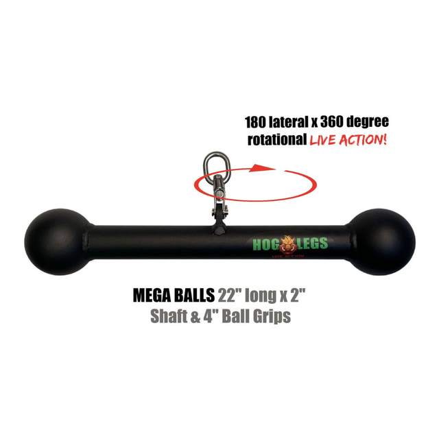 The commercial-grade HOG LEGS Hog Balls bar, in black dumbbell shape, showcases size and rotational details for optimal muscle recruitment. The brand "Hog Legs" is prominently featured on this upper body workout equipment.