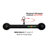 The HOG LEGS Hog Balls Upper Body Exercise Equipment Bar features a black bar with round ends, metal clip, swivel ring, and “Hog Legs” logo—designed to maximize muscle recruitment during upper body workouts.