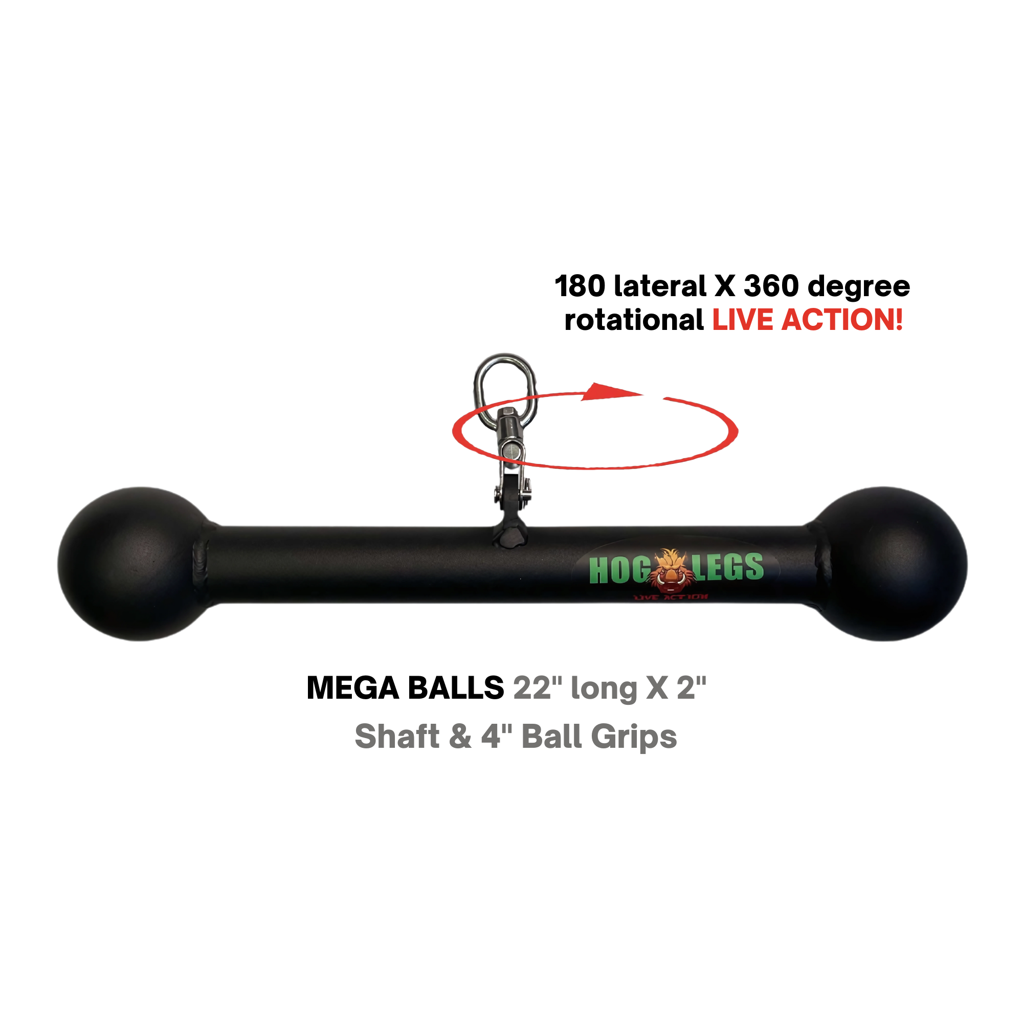 The HOG LEGS Hog Balls Upper Body Exercise Equipment Bar features a black bar with round ends, metal clip, swivel ring, and “Hog Legs” logo—designed to maximize muscle recruitment during upper body workouts.