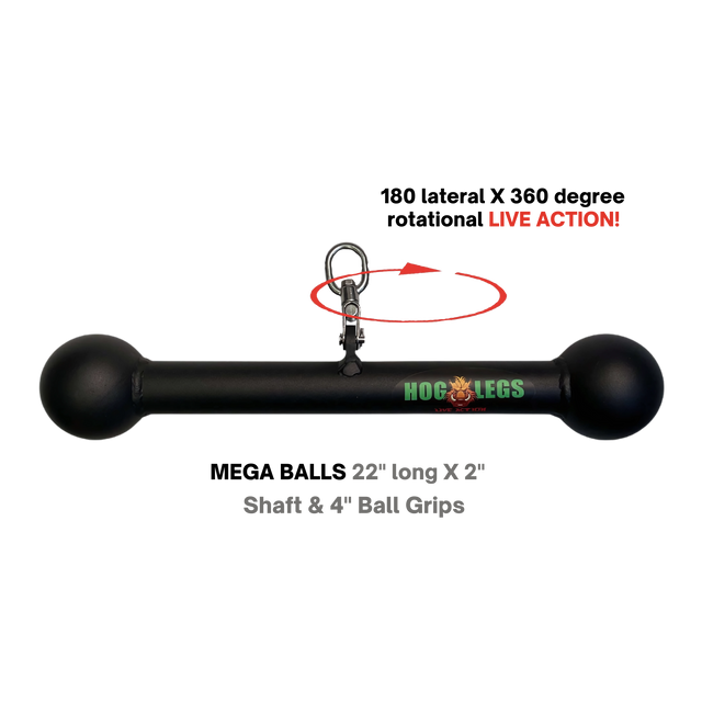 The HOG LEGS Hog Balls Upper Body Exercise Equipment Bar features a black bar with round ends, metal clip, swivel ring, and “Hog Legs” logo—designed to maximize muscle recruitment during upper body workouts.