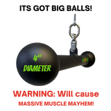 The HOG LEGS Hog Balls Upper Body Exercise Equipment Bar features "4'' DIAMETER" text; warning in red: "Will cause MASSIVE MUSCLE MAYHEM!" Engineered for serious muscle recruitment and powerful upper body training.