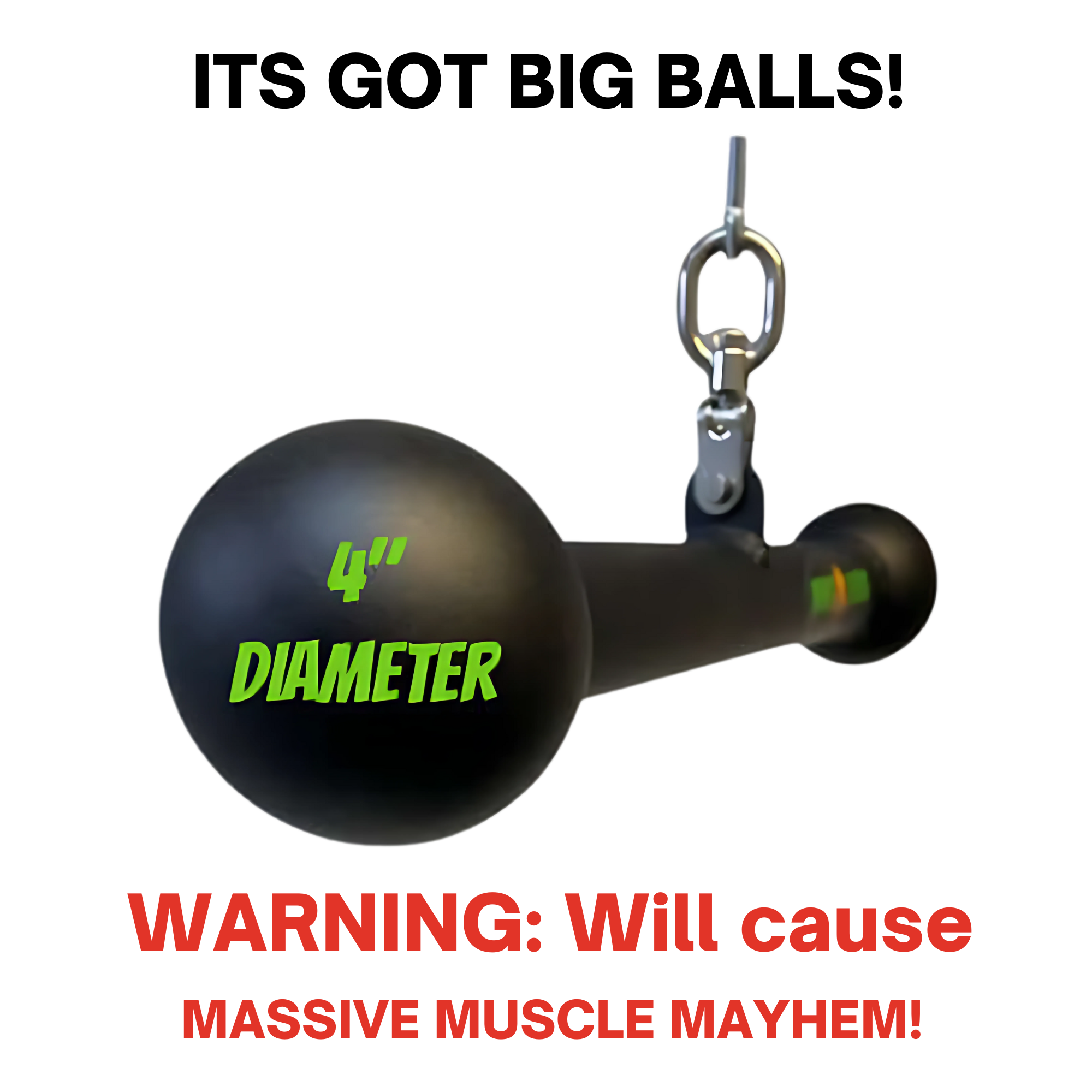 The HOG LEGS Hog Balls Upper Body Exercise Equipment Bar features "4'' DIAMETER" text; warning in red: "Will cause MASSIVE MUSCLE MAYHEM!" Engineered for serious muscle recruitment and powerful upper body training.