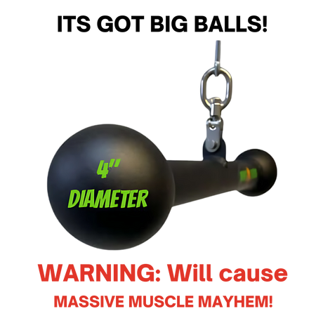 The HOG LEGS Hog Balls Upper Body Exercise Equipment Bar features "4'' DIAMETER" text; warning in red: "Will cause MASSIVE MUSCLE MAYHEM!" Engineered for serious muscle recruitment and powerful upper body training.